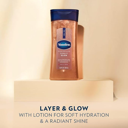 Vaseline Glazed and Glisten Sunlit Glow Body Gel Oil Vanilla Cocoa Shimmering with Ultra-Hydrating Lipids and 100% Pure Cocoa Butter, 6.8 Oz image 1