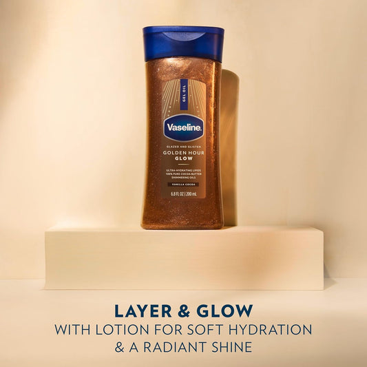 Vaseline Glazed and Glisten Golden Hour Body Gel Oil Glow Vanilla Cocoa Shimmering with Ultra-Hydrating Lipids and 100% Pure Cocoa Butter, 6.8 Oz image 1