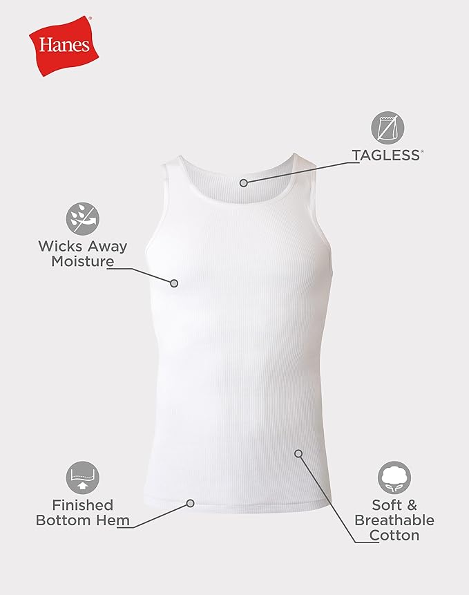 Hanes Men's Cotton Ribbed Tank Top Tanks Undershirt Wifebeaters Vests 6 pack image 4