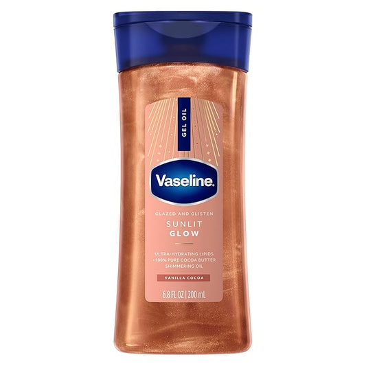 Vaseline Glazed and Glisten Sunlit Glow Body Gel Oil Vanilla Cocoa Shimmering with Ultra-Hydrating Lipids and 100% Pure Cocoa Butter, 6.8 Oz image 0