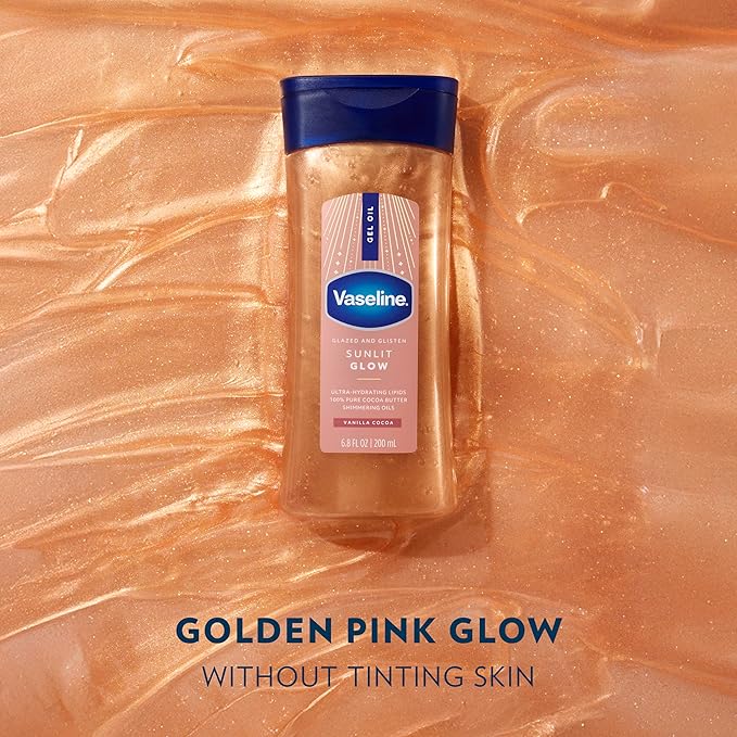 Vaseline Glazed and Glisten Sunlit Glow Body Gel Oil Vanilla Cocoa Shimmering with Ultra-Hydrating Lipids and 100% Pure Cocoa Butter, 6.8 Oz image 2