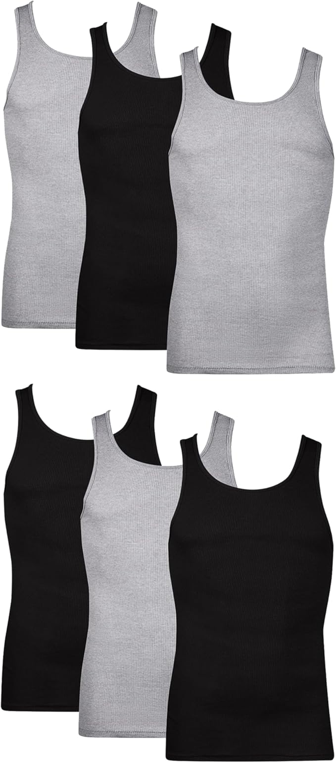 Hanes Men's Cotton Ribbed Tank Top Tanks Undershirt Wifebeaters Vests 6 pack - Black&amp;Grey, L image