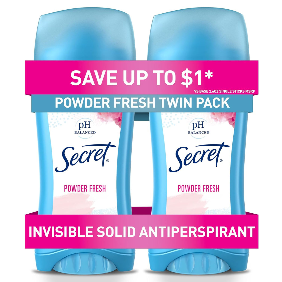 Secret Antiperspirant and Deodorant for Women, 24hr Sweat & Odor Protection, PH Balanced Protection, Gentle on Skin, Invisible Solid, 2.6 oz (Pack of 2)