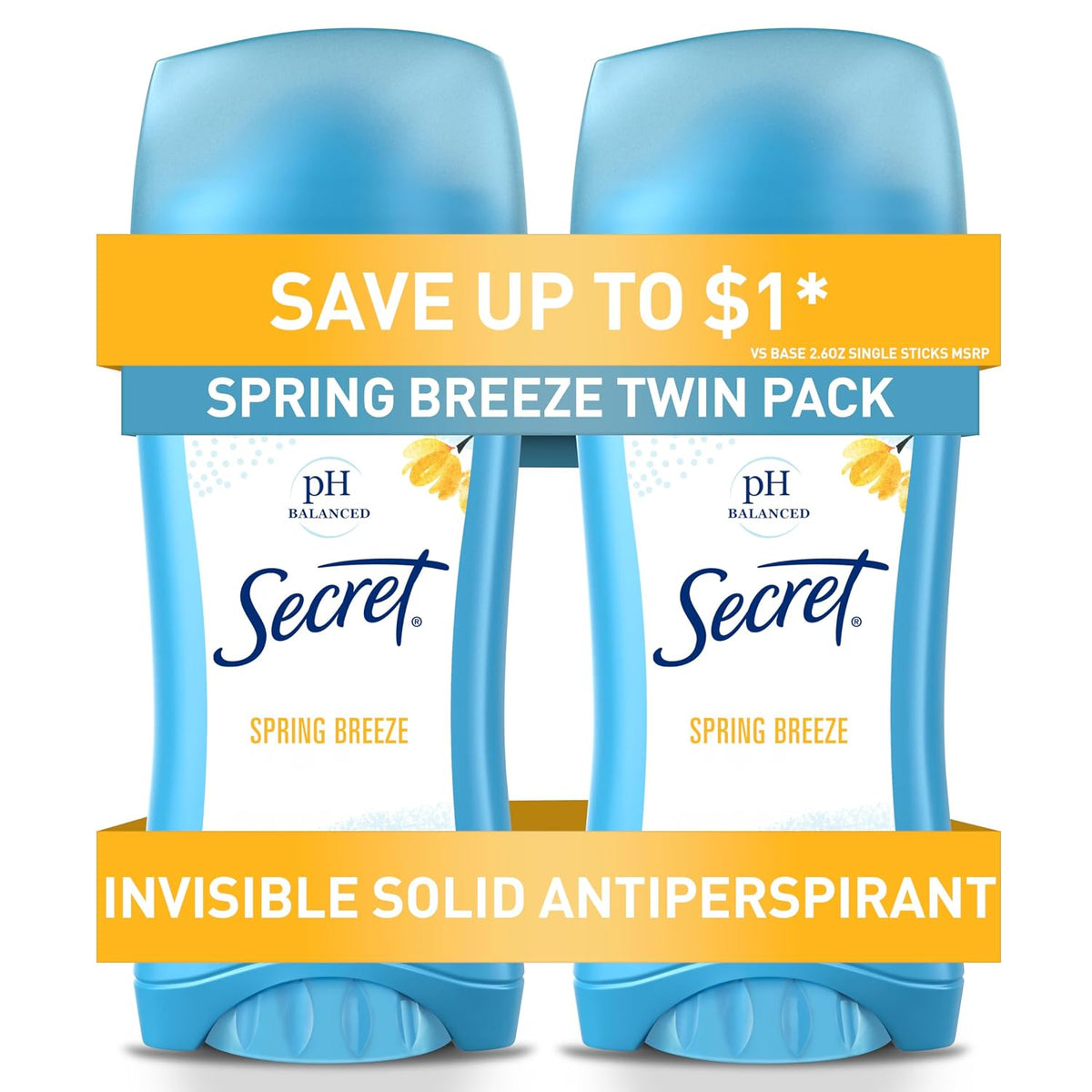 Secret Antiperspirant and Deodorant for Women, 24hr Sweat & Odor Protection, PH Balanced Protection, Gentle on Skin, Invisible Solid, 2.6 oz (Pack of 2)