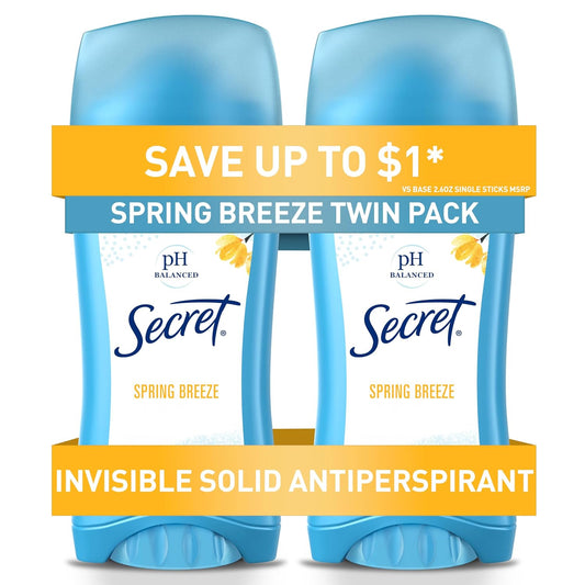 Secret Antiperspirant and Deodorant for Women, 24hr Sweat & Odor Protection, PH Balanced Protection, Gentle on Skin, Invisible Solid, 2.6 oz (Pack of 2)