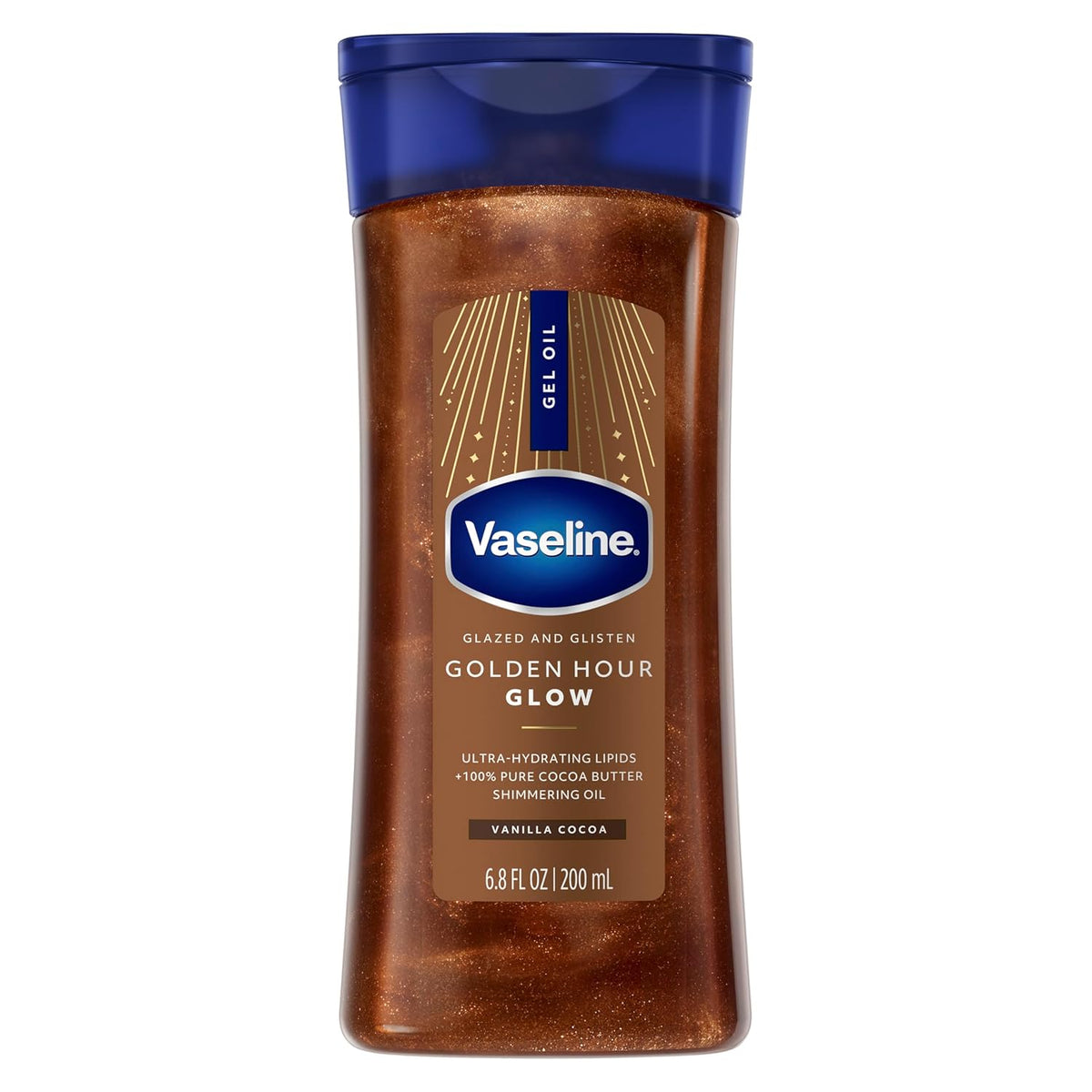 Vaseline Glazed and Glisten Golden Hour Body Gel Oil Glow Vanilla Cocoa Shimmering with Ultra-Hydrating Lipids and 100% Pure Cocoa Butter, 6.8 Oz image 0