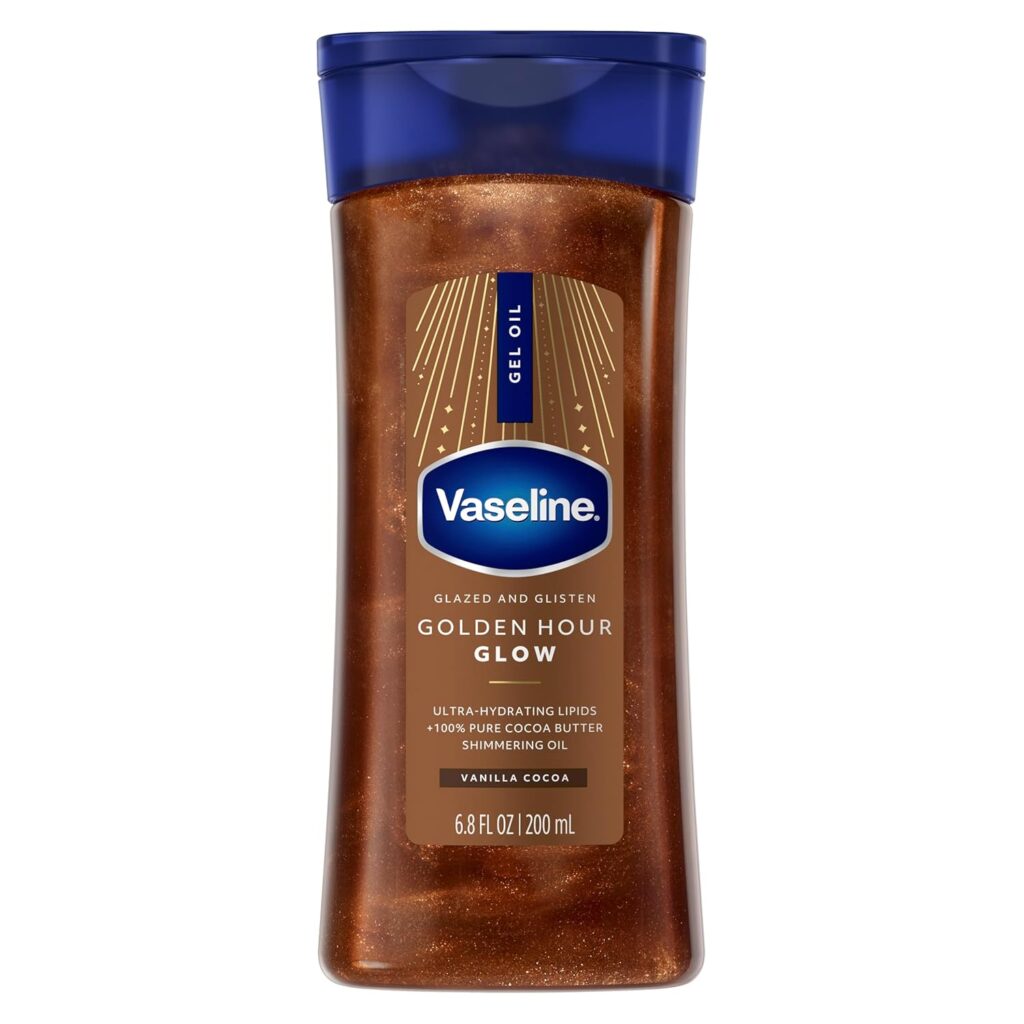 Vaseline Glazed and Glisten Golden Hour Body Gel Oil Glow with vanilla cocoa shimmer and ultra-hydrating lipids