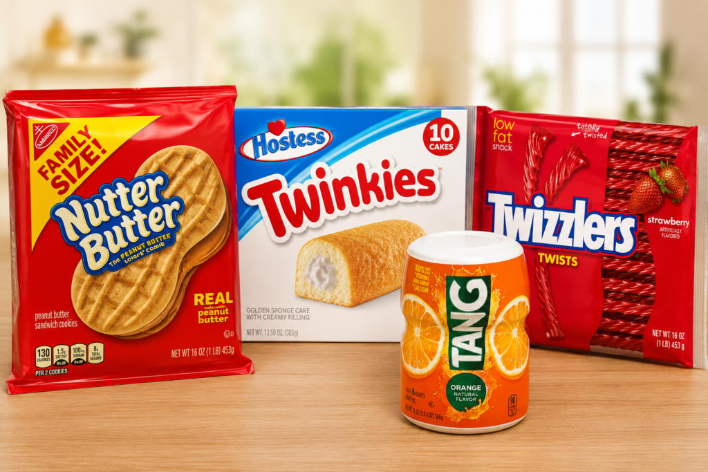 Alt Text Nutter Butter cookies, Hostess Twinkies, Twizzlers strawberry twists and Tang orange drink mix